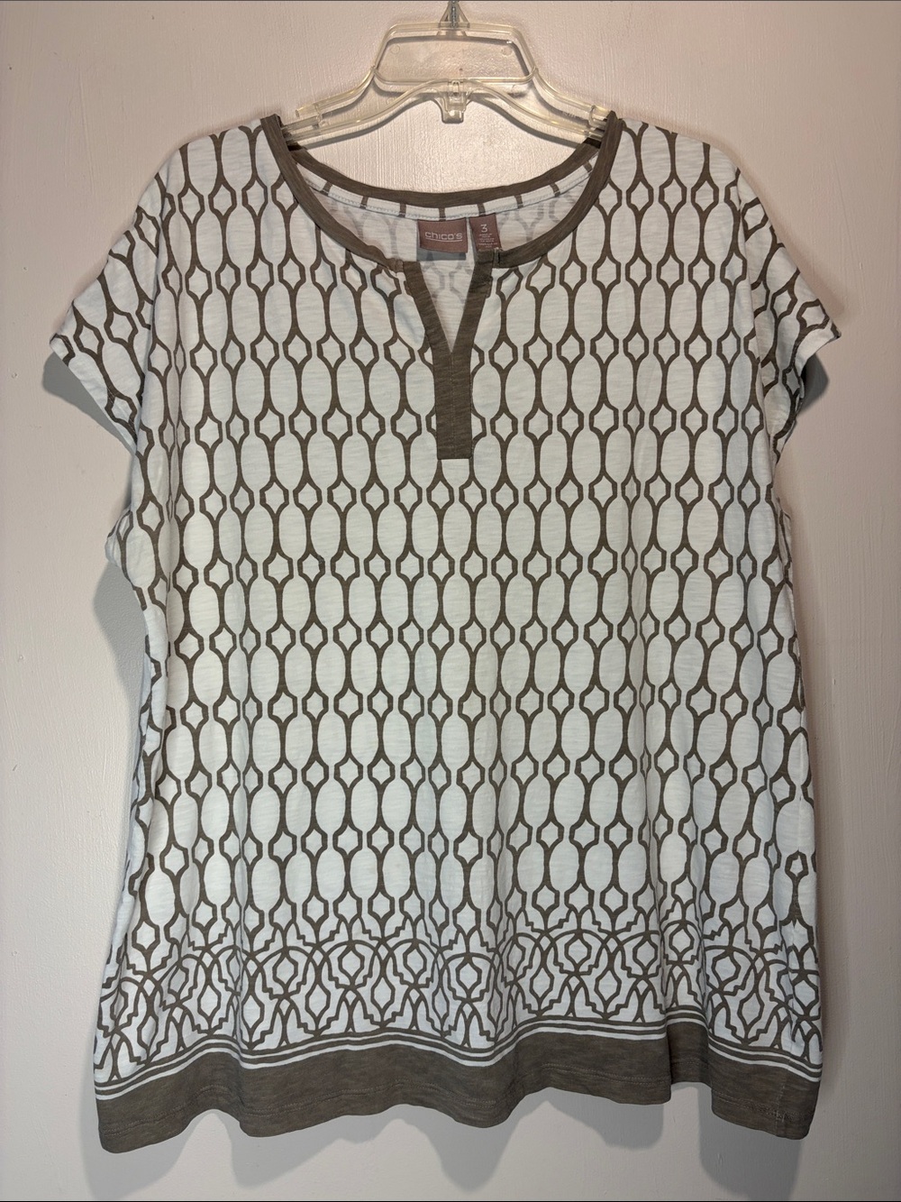 Chico's 100% Cotton Brown White Pattern Boxy Relaxed Fit Top Boho Size XL / 3